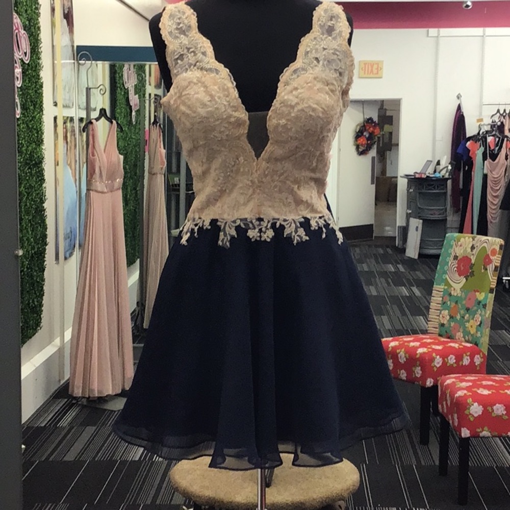 Short navy & champagne dress